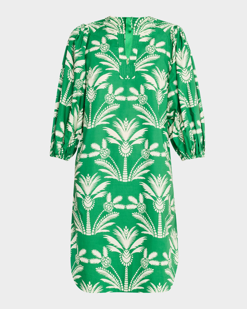 Palm Print 3/4-Sleeve Cotton Shift Dress